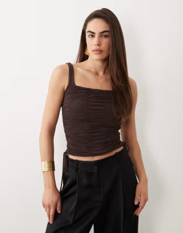 エイソス レディース トップス シャツ ギャザー メッシュ ASOS DESIGN mesh ruched soft square neck top with drawstring detail in