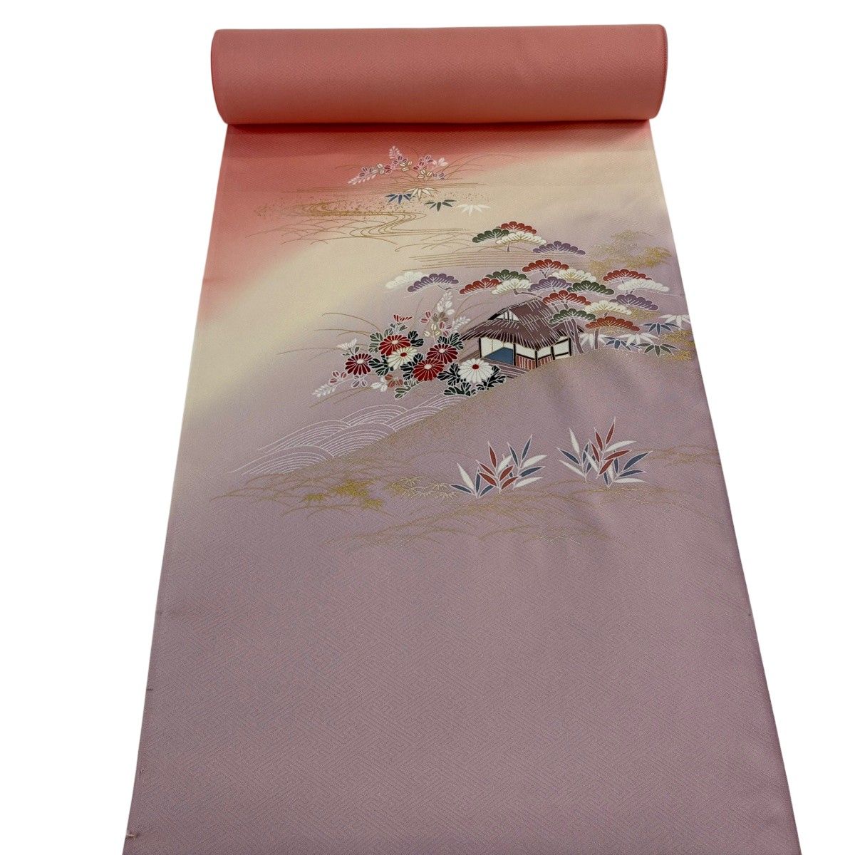 反物 秀品 付下げ 建物 松竹梅 金彩 サーモンピンク 正絹 【中古】