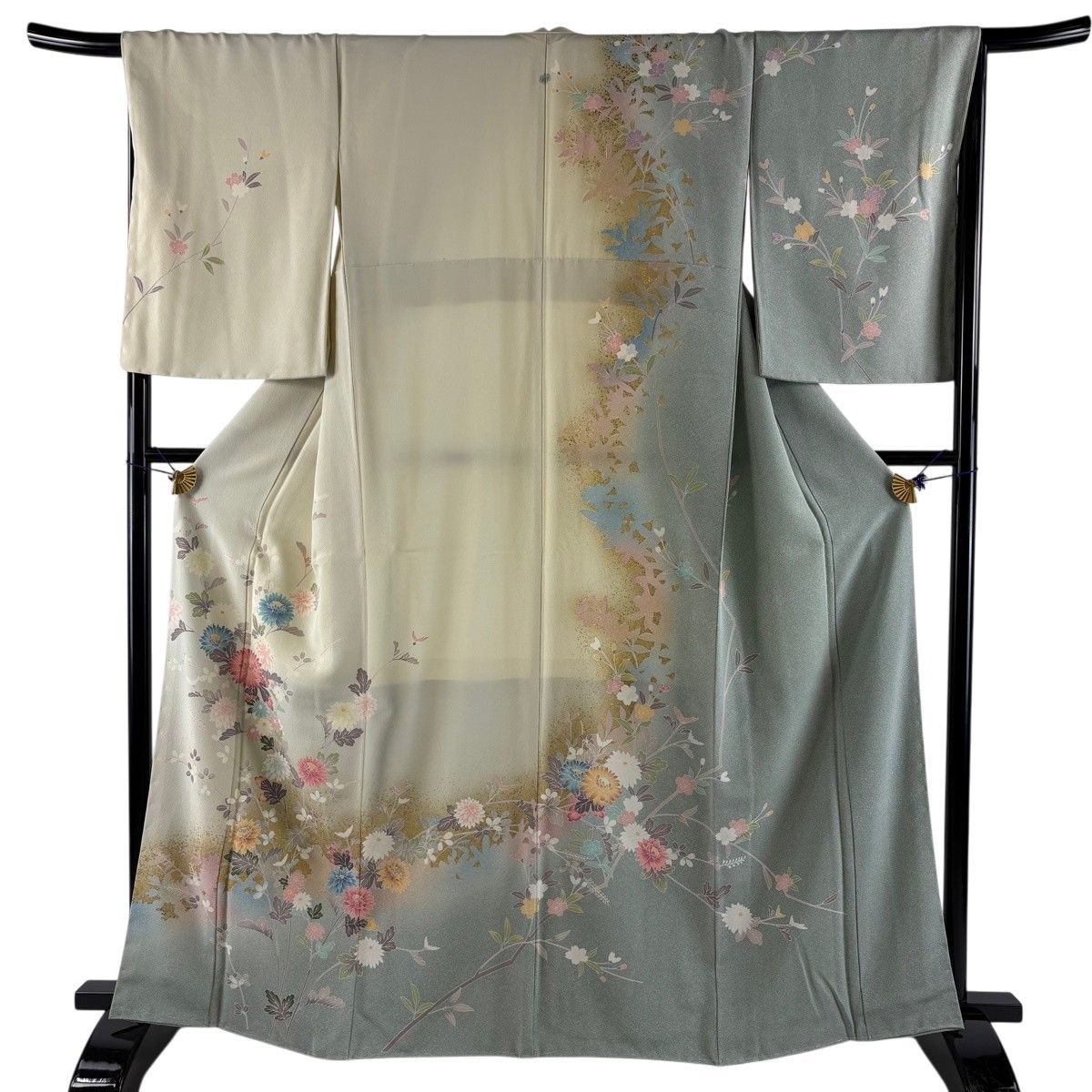 訪問着 身丈164.5cm 裄丈66cm M 袷 菊 萩 金彩 ぼかし 薄茶色 正絹 秀品 一つ紋 【中古】
