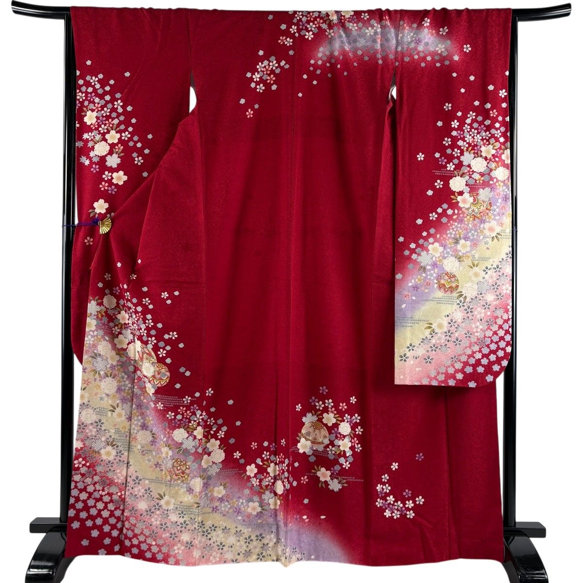 【美品】 振袖 身丈167.5cm 裄丈67.5cm L 袷 鞠 桜 金彩 ぼかし 赤 正絹 秀品 【中古】