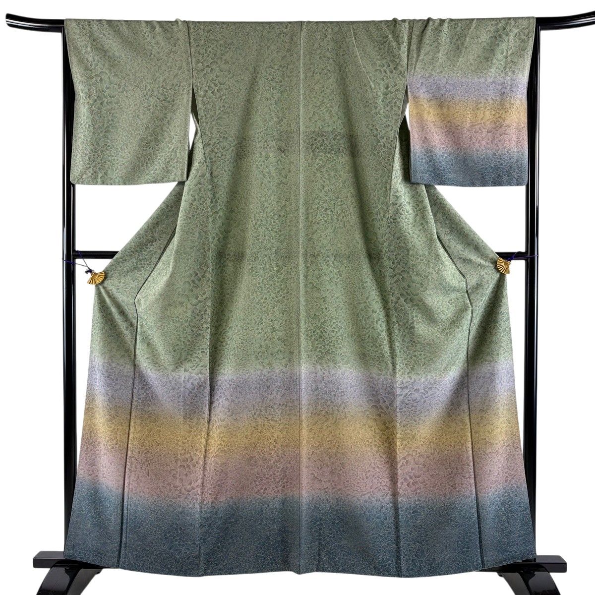 【美品】 付下げ 身丈159.5cm 裄丈67cm M 袷 草花 ぼかし 灰緑 正絹 秀品 【中古】
