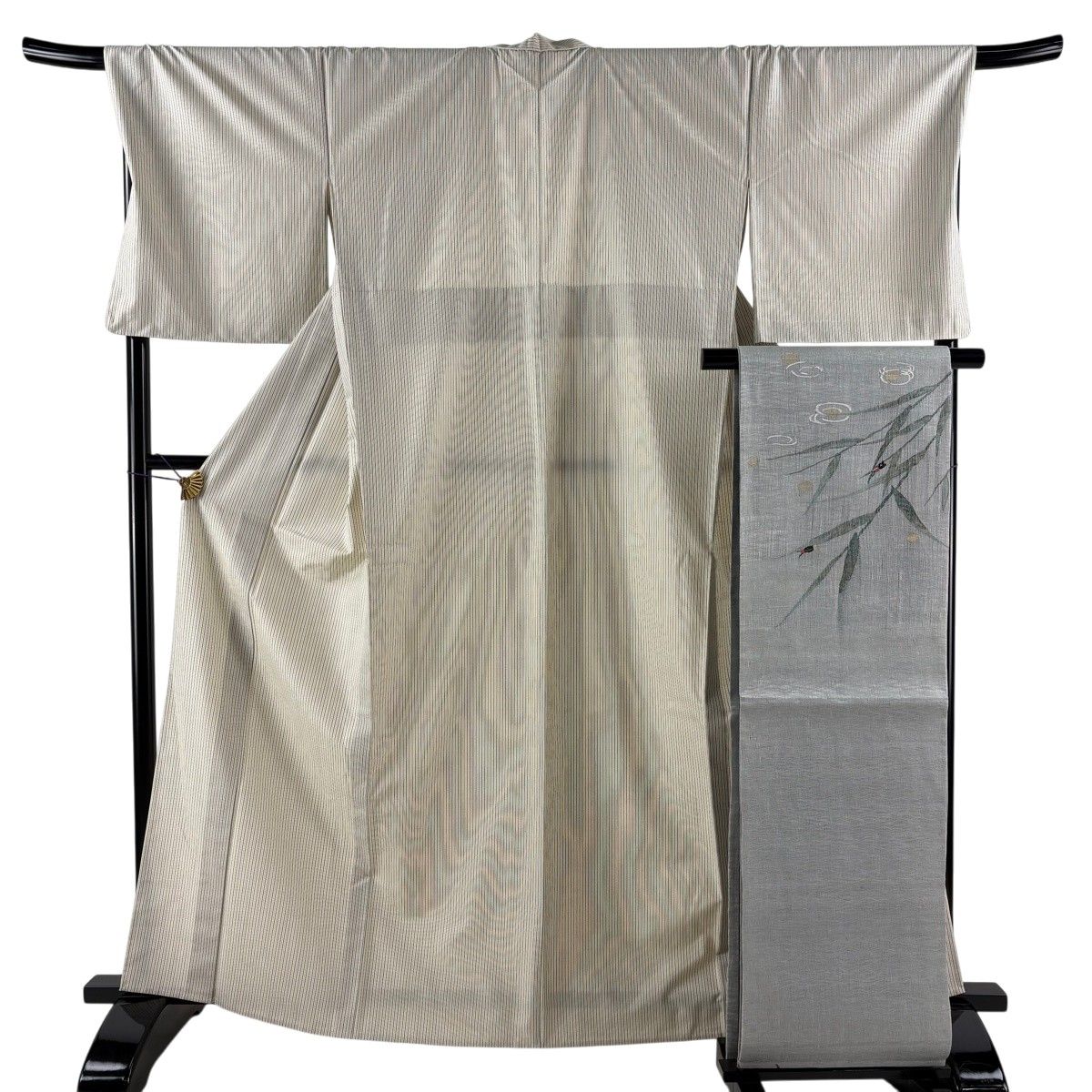 【美品】 紬 身丈164cm 裄丈70cm L 単衣 袋帯セット 証紙 縦縞 ベージュ 正絹 秀品 【中古】