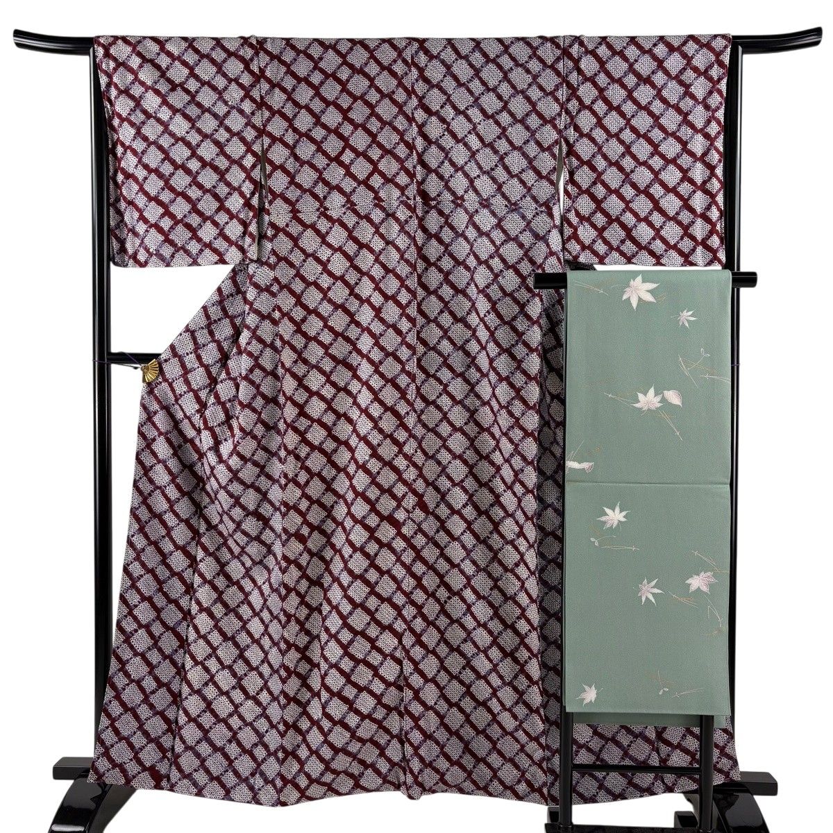 小紋 身丈162cm 裄丈64cm M 袷 名古屋帯セット 幾何学 絞り 赤紫 正絹 秀品 【中古】