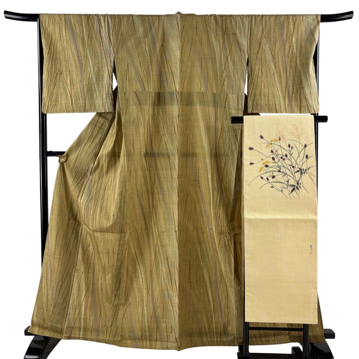 【美品】 小紋 身丈164cm 裄丈66.5cm M 単衣 名古屋帯セット 紬地 やまと 幾何学 茶緑色 正絹 秀品 【中古】