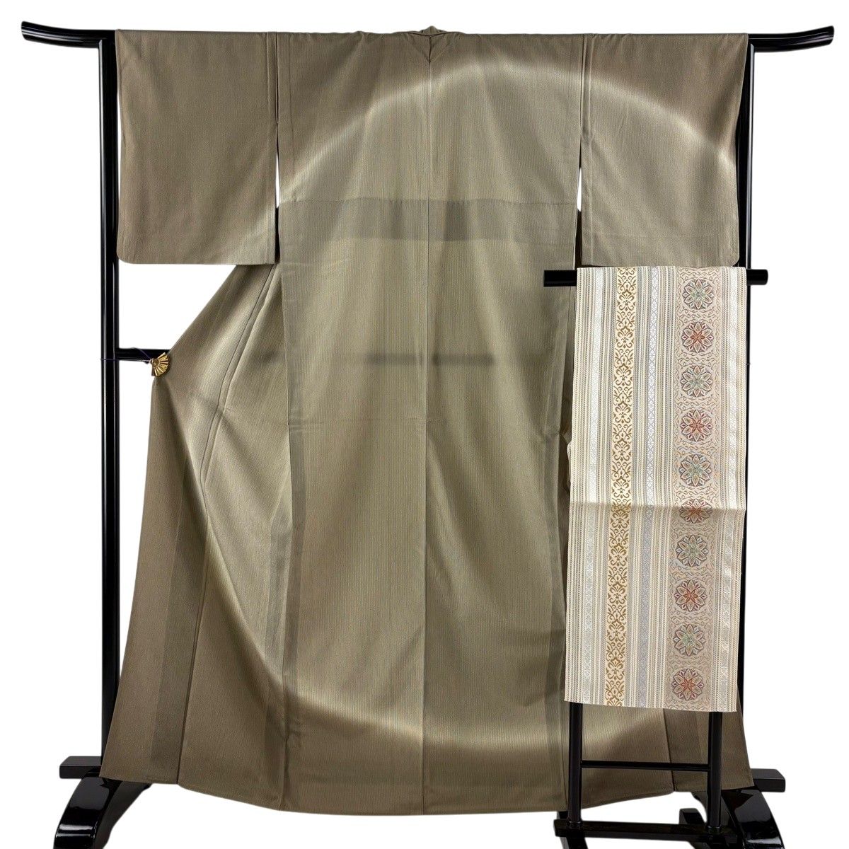 【美品】 付下げ 身丈164cm 裄丈64cm M 単衣 名古屋帯セット 落款 縦縞 ぼかし 茶緑色 正絹 秀品 【中古】