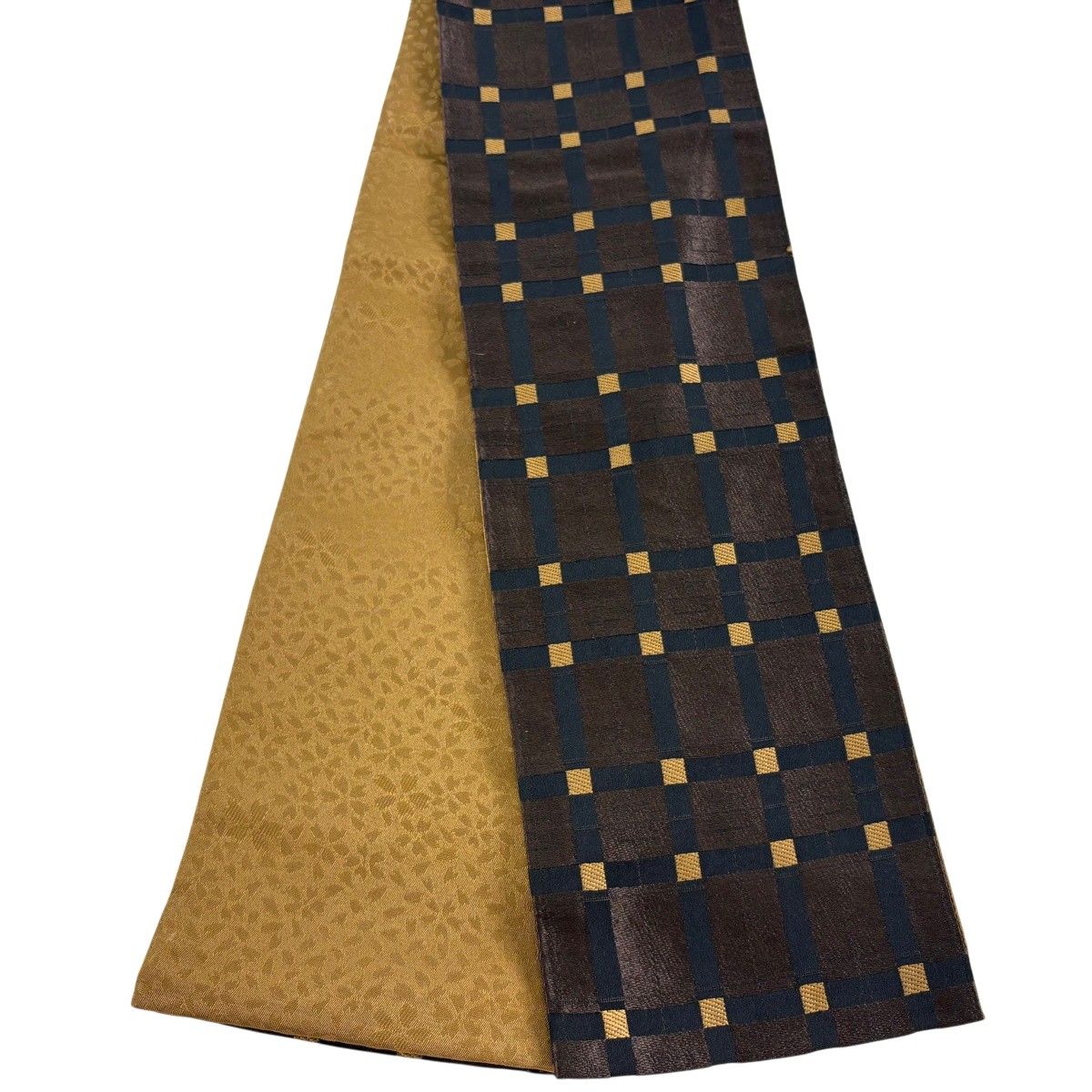 【美品】半幅帯 優品 格子 焦茶色 化繊 【中古】