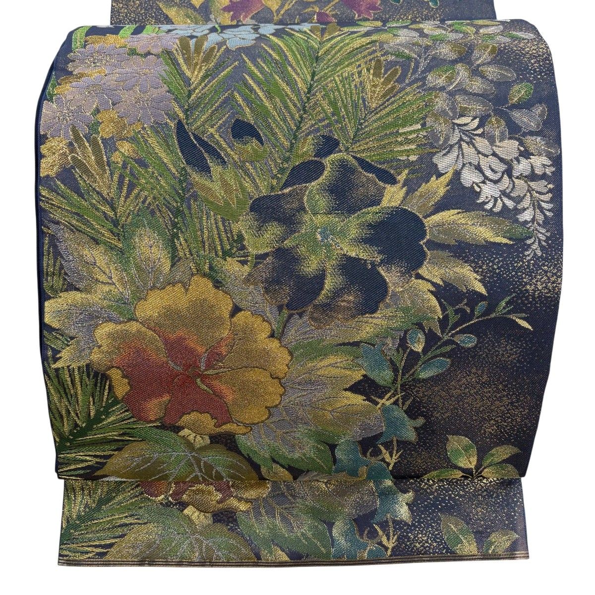 袋帯 名品 川島織物 落款 関西仕立て 草花 箔 金糸 紺色 六通 正絹 【中古】