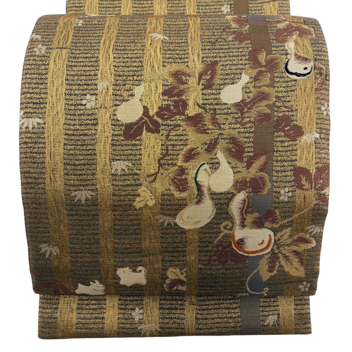 【美品】 袋帯 名品 福喜多留 瓢箪 竹 金糸 箔 山吹茶色 お太鼓柄 正絹 【中古】