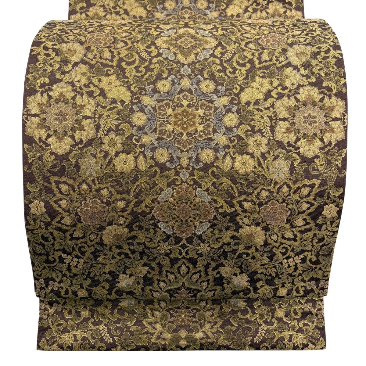 【美品】 袋帯 名品 箔屋清兵衛 落款 草木染 華文 花唐草 箔 焦茶色 六通 正絹 【中古】