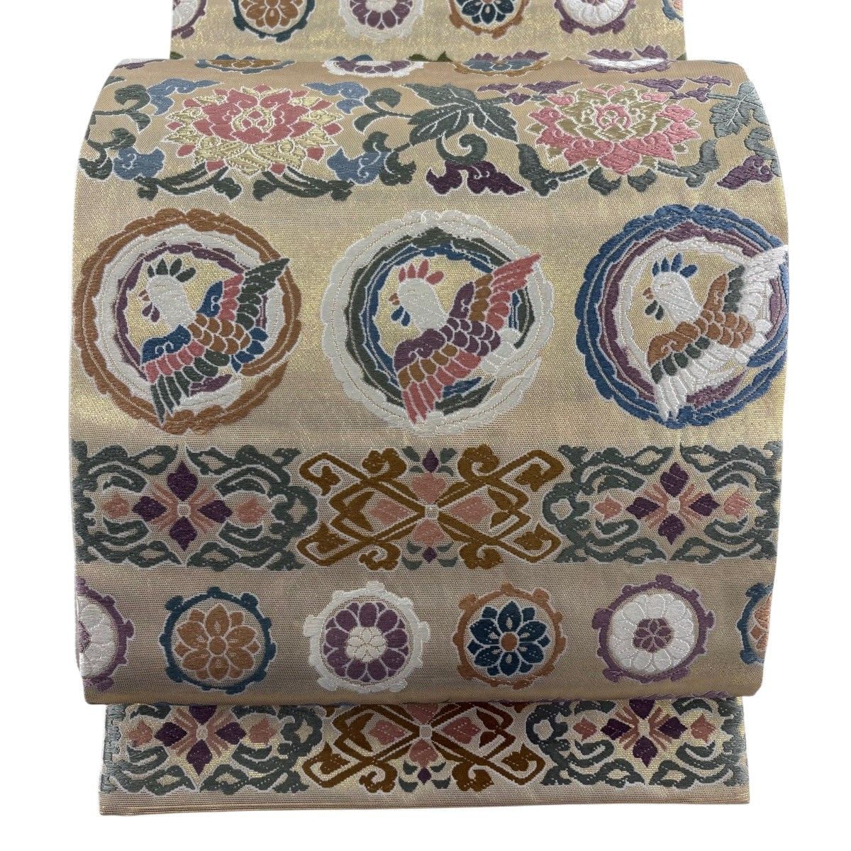 袋帯 名品 華文 花鳥 唐織 箔 金色 六通 正絹 【中古】