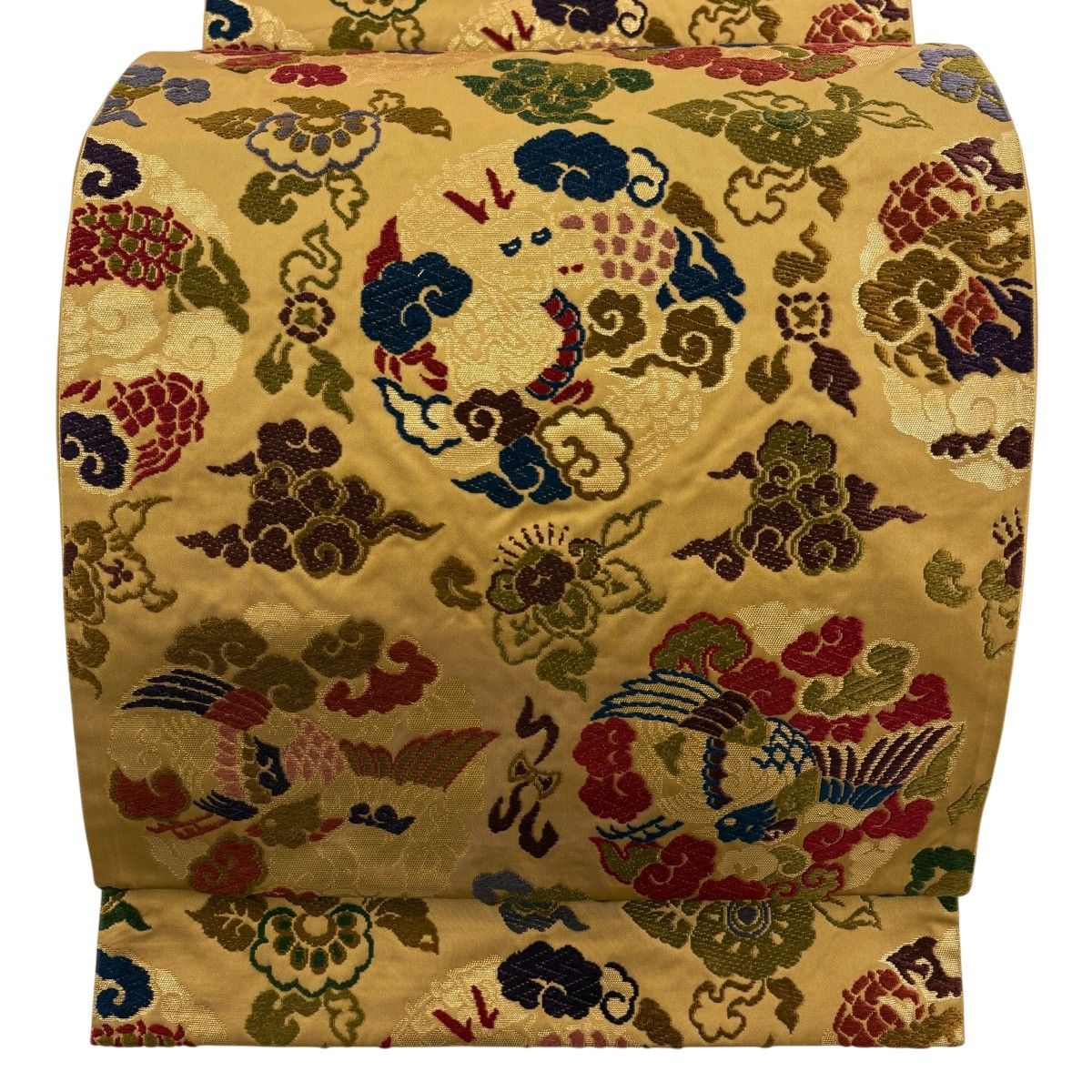 【美品】 袋帯 名品 龍 鳳凰 唐織 箔 山吹茶色 六通 正絹 【中古】