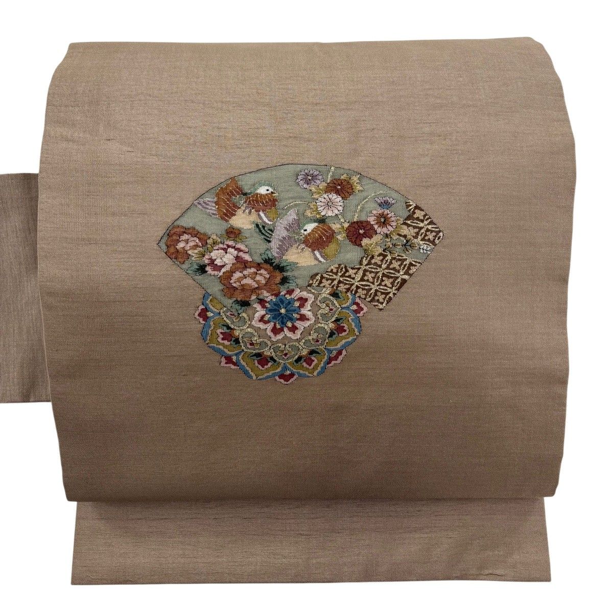 名古屋帯 名品 紬地 華文 花鳥 金糸 薄茶色 正絹 【中古】