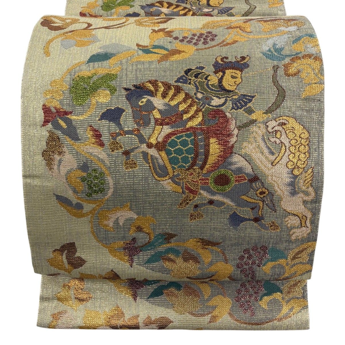 袋帯 名品 正倉院裂 狩猟文 花唐草 箔 灰緑 六通 正絹 【中古】