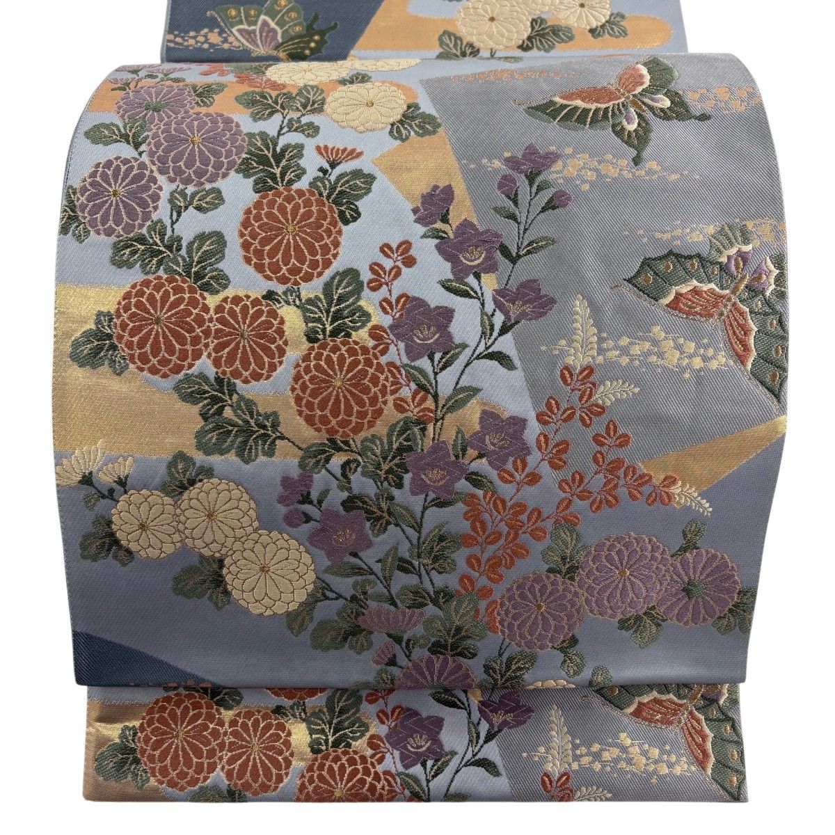 【美品】 袋帯 名品 花井幸子 落款 秋草 蝶 唐織 箔 青灰色 六通 正絹 【中古】