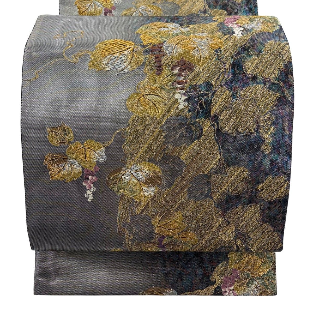 袋帯 名品 葡萄 斜縞 金糸 箔 銀色 六通 正絹 【中古】