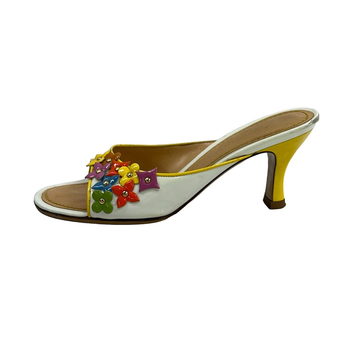 LOUIS VUITTON(ルイヴィトン) ミュール 35 レディース - 白×イエロー×マルチ フラワー(花)/アウトソール張替済 レザー