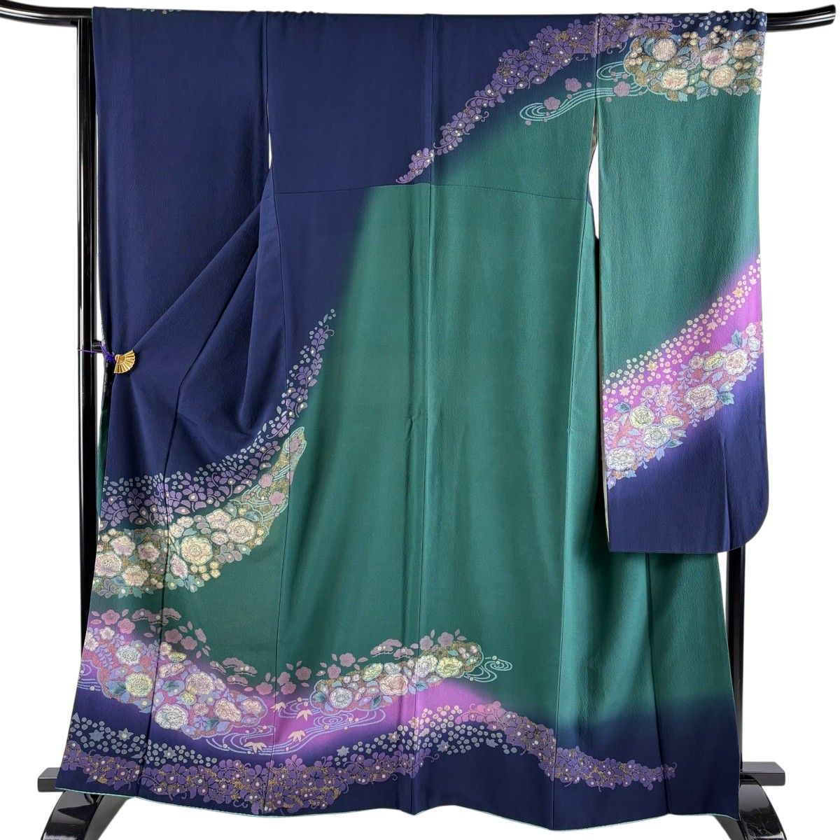 振袖 身丈162.5cm 裄丈65.5cm M 袷 辻が花柄 草花 金彩 染め分け 濃紺 正絹 名品 【中古】