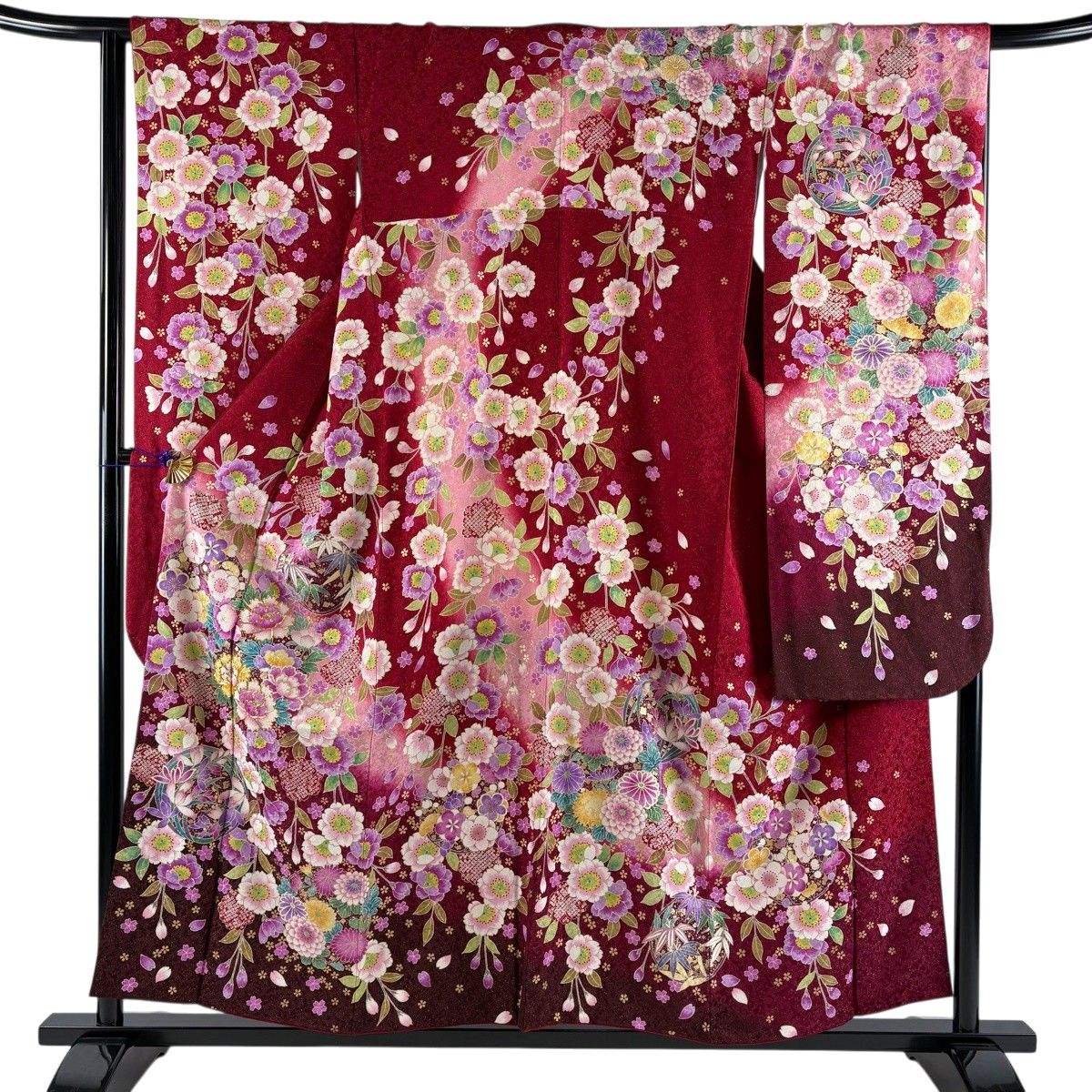 【美品】 振袖 身丈156cm 裄丈65cm M 袷 草花 花丸文 金通し 金糸 赤 正絹 名品 【中古】