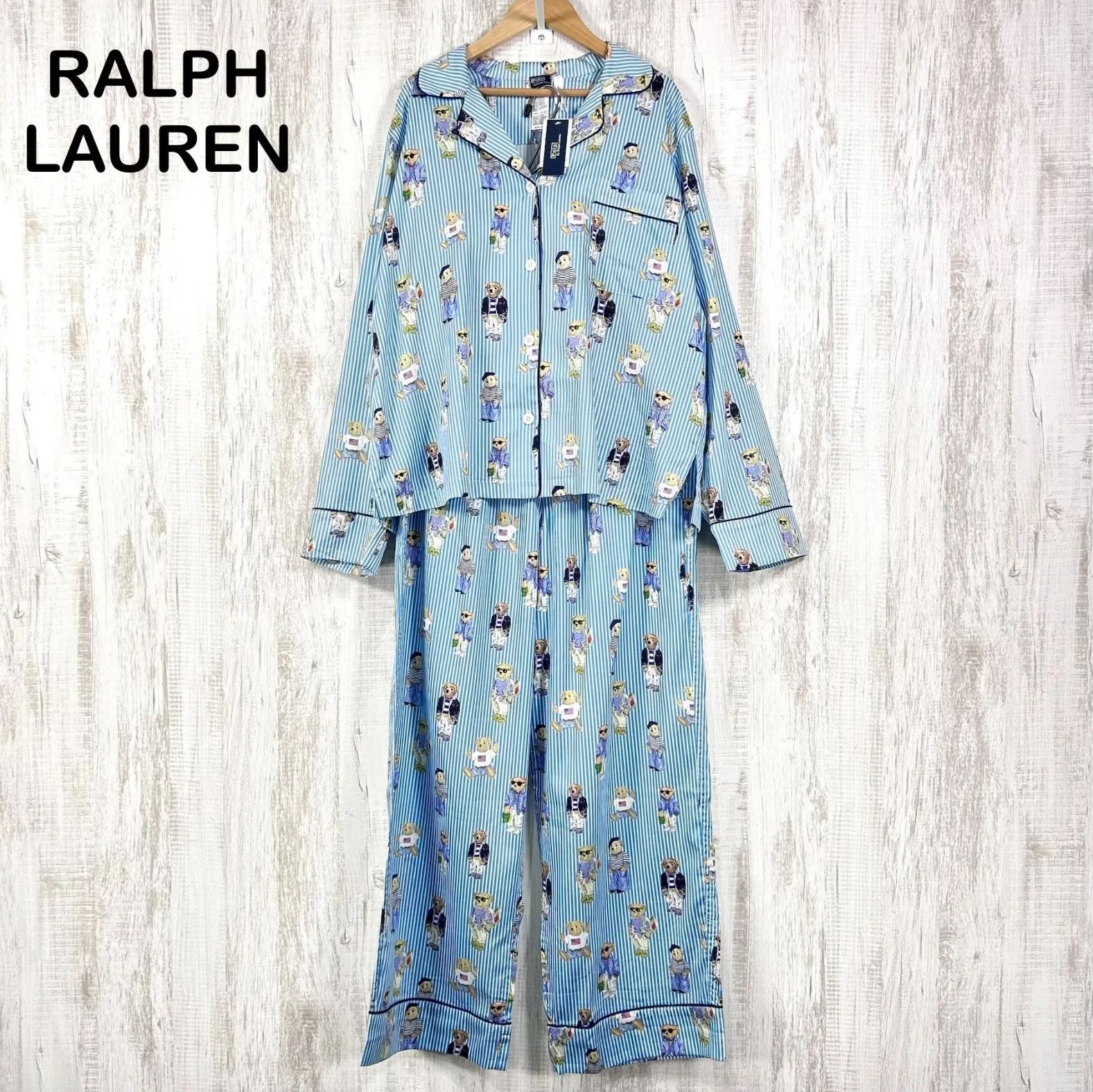 新品未使用 美品 Polo by Ralph Lauren ポロバイラルフローレン ポロベア総柄 ストライプ パジャマ ブルー