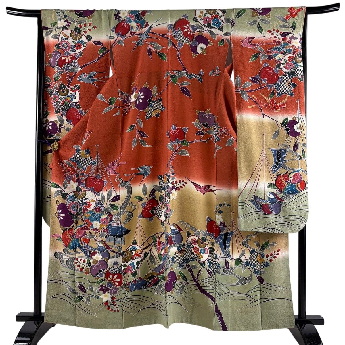 振袖 身丈160.5cm 裄丈66.5cm M 袷 鳥 橘 縮緬 朱色 正絹 名品 【中古】