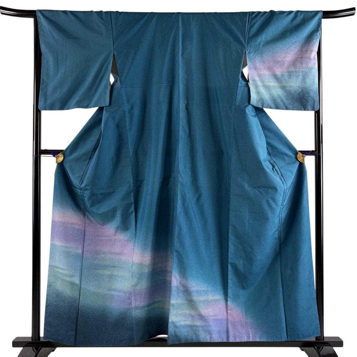 付下げ 身丈157.5cm 裄丈66cm M 袷 紬地 裾ぼかし 霞 青緑 正絹 名品 【中古】