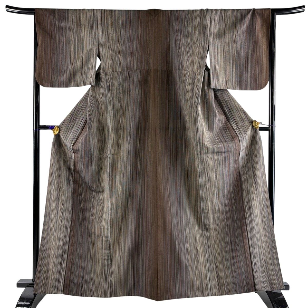 【美品】お召 身丈163cm 裄丈65.5cm M 単衣 バチ衿 縦縞 焦茶色 正絹 名品 【中古】