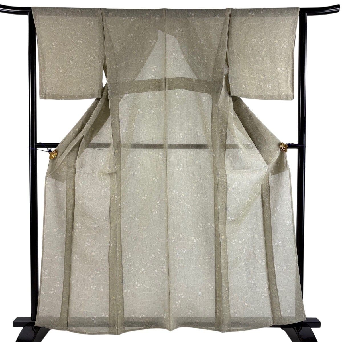 【美品】 小紋 身丈161cm 裄丈63.5cm S 薄物 明石上布 萩 灰緑 正絹 名品 【中古】