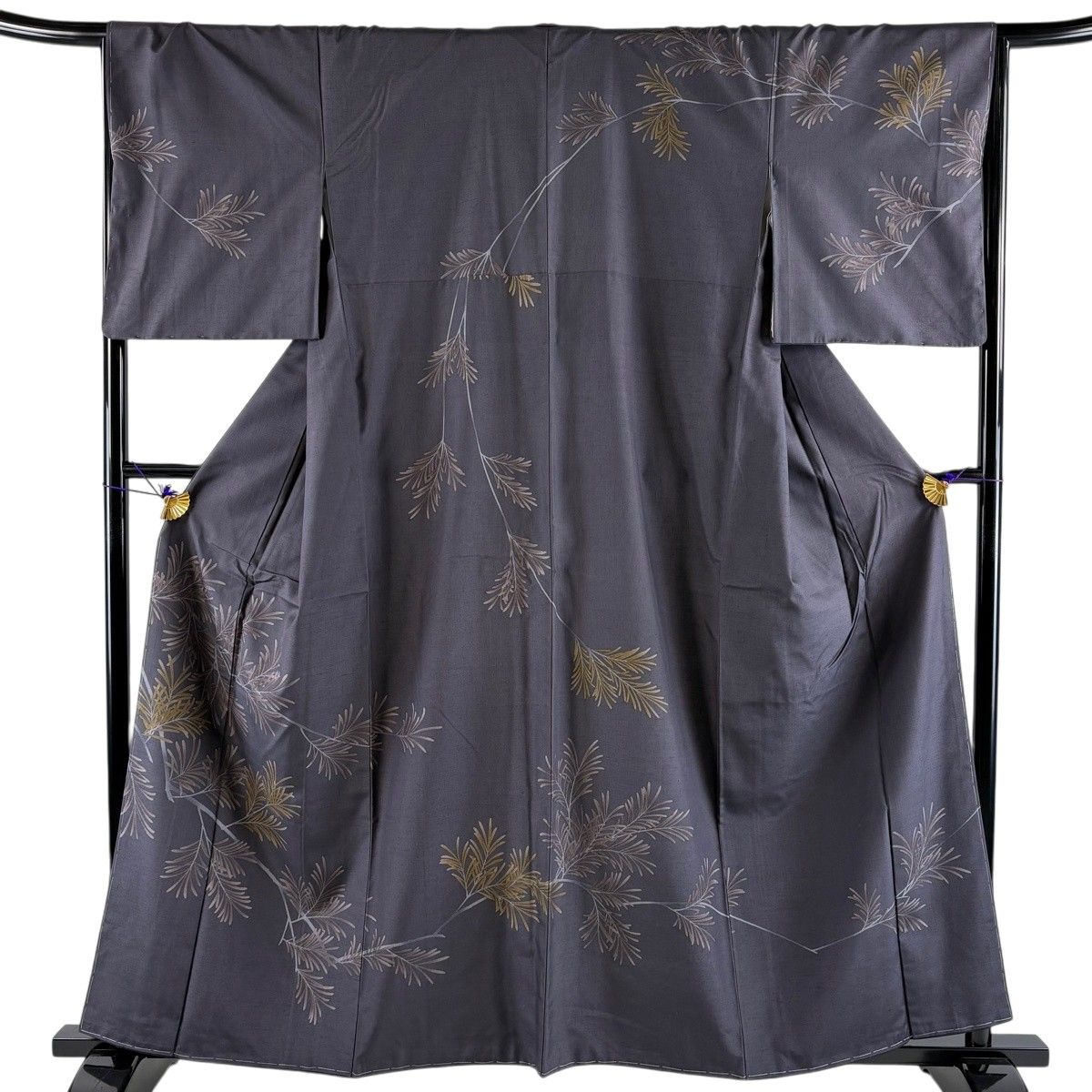 訪問着 身丈159cm 裄丈66cm M 袷 紬地 枝葉 黒灰 正絹 名品 【中古】