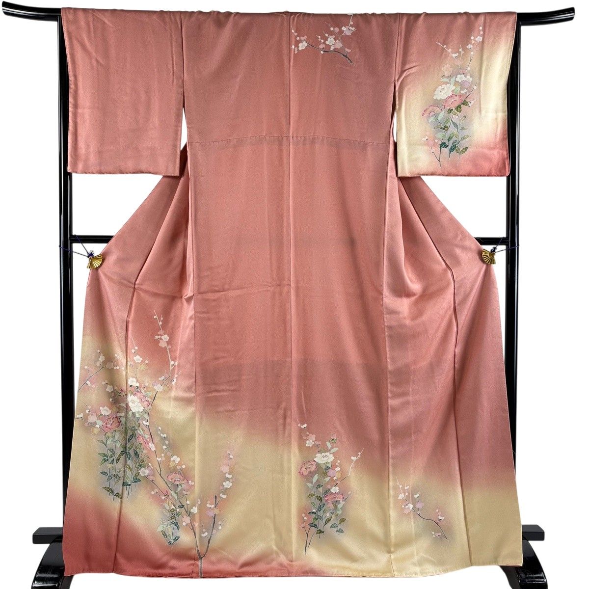 【美品】 訪問着 身丈167cm 裄丈66cm M 袷 牡丹 枝梅 染め分け ぼかし ピンク 正絹 名品 【中古】