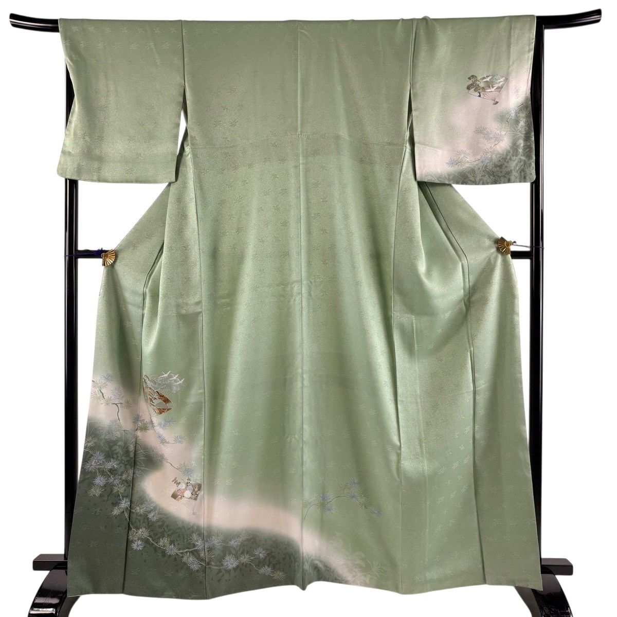 付下げ 身丈164cm 裄丈67cm M 袷 扇 松 螺鈿 金銀彩 薄緑 正絹 名品 【中古】