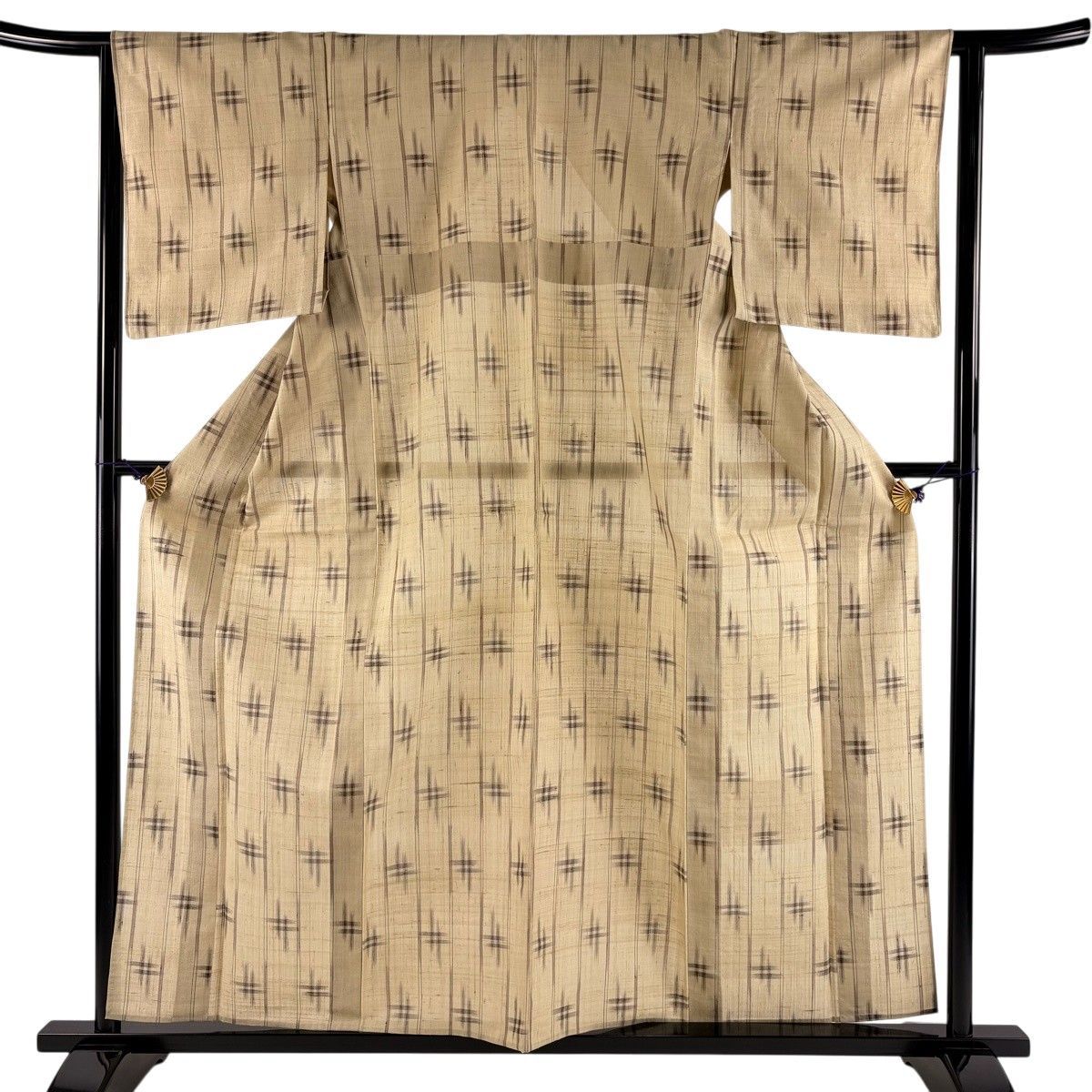 【美品】 紬 身丈159cm 裄丈64cm M 単衣 井桁絣 縦縞 薄茶色 正絹 名品 【中古】