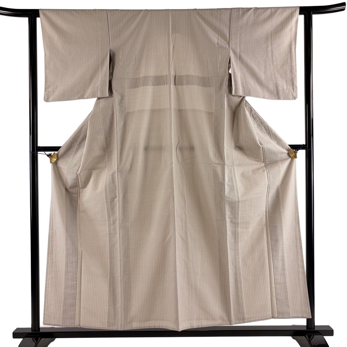 紬 身丈156cm 裄丈61cm S 単衣 縦縞 幾何学 灰色 正絹 名品 【中古】