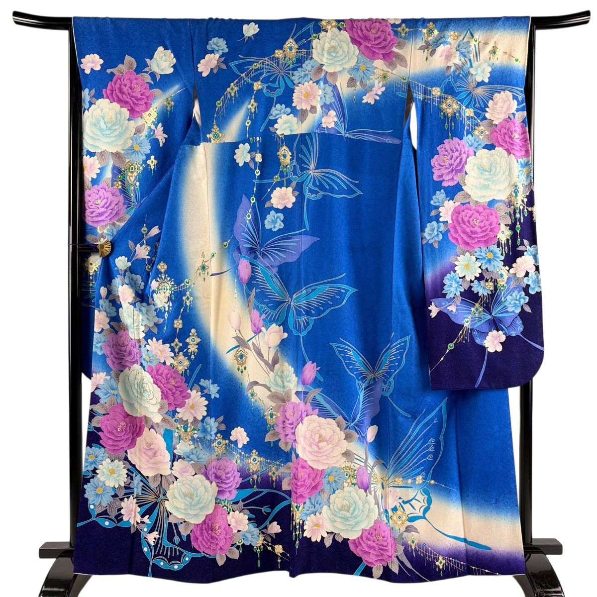 振袖 身丈164cm 裄丈65.5cm M 袷 草花 蝶 銀通し ラメ 青 正絹 名品 【中古】