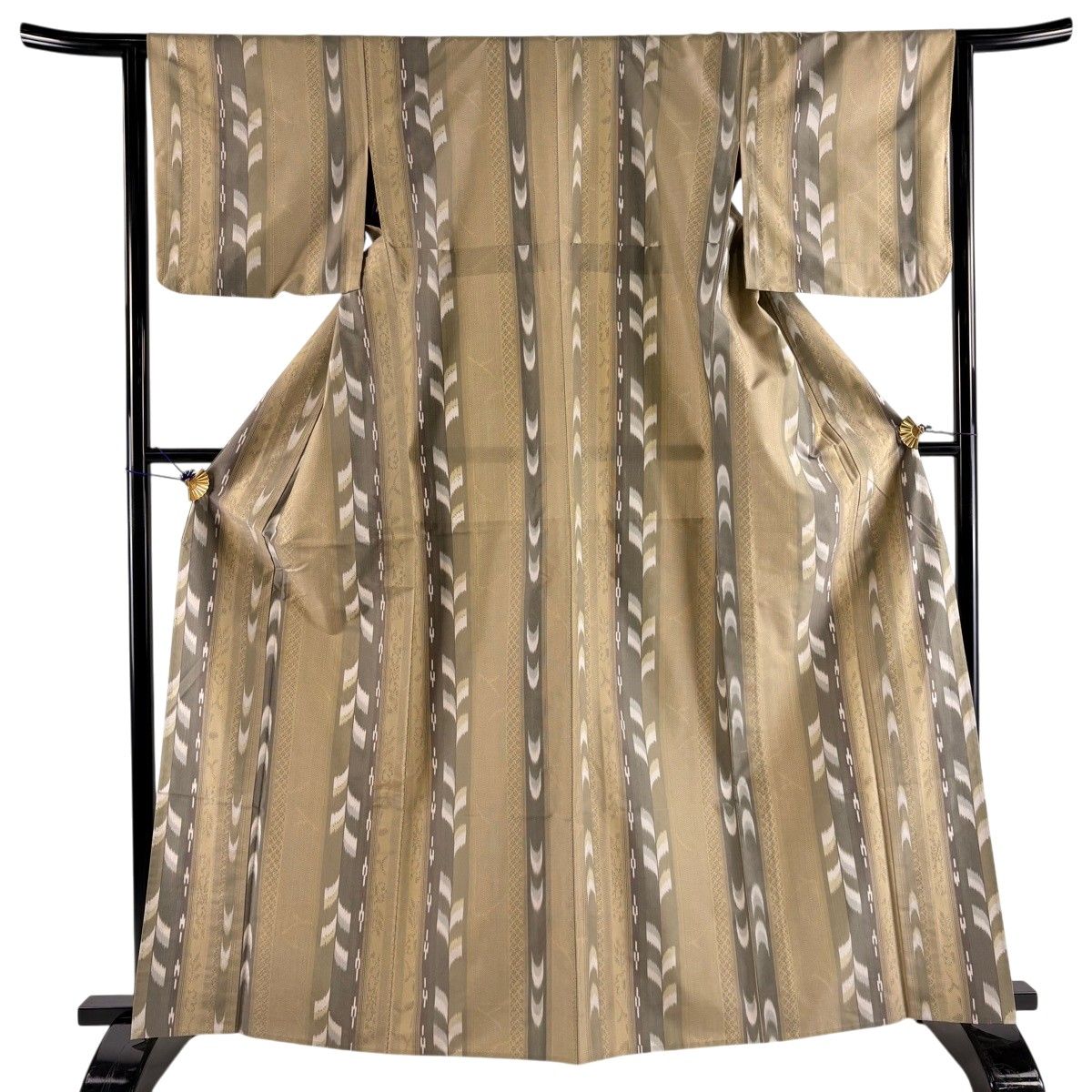 【美品】 紬 身丈165cm 裄丈64cm M 単衣 証紙 縞 幾何学模様 茶緑色 正絹 名品 【中古】