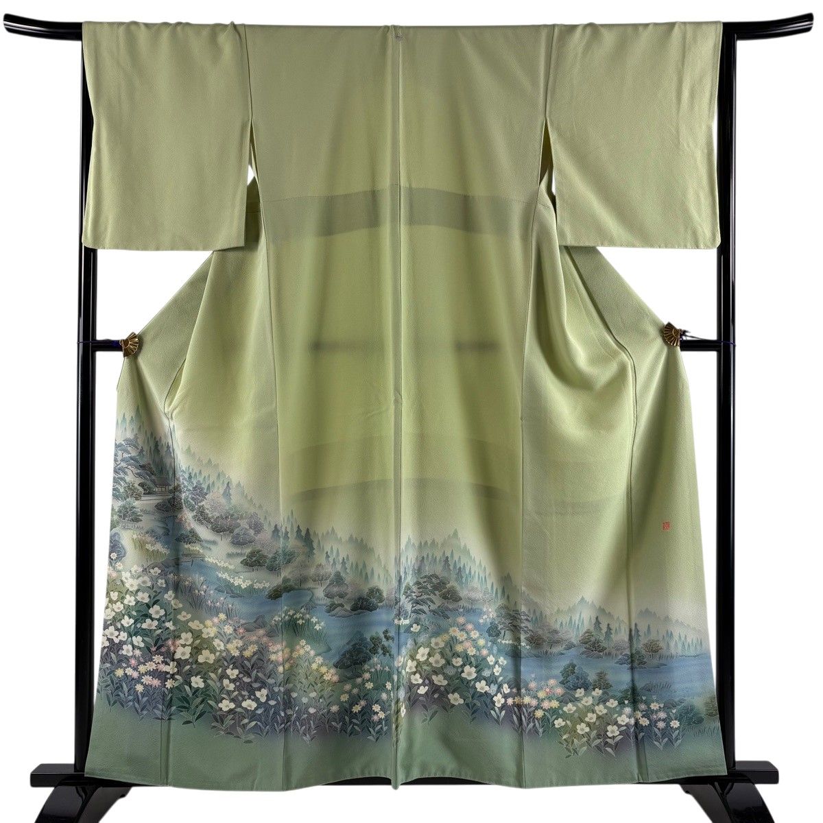 【美品】 色留袖 身丈159cm 裄丈66cm M 袷 落款 樹木 風景 染分け ぼかし 薄緑 正絹 名品 一つ紋 【中古】