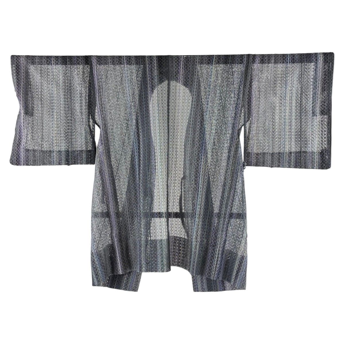 【美品】 道中着 身丈92cm 裄丈67cm M 和装コート 縞 幾何学模様 灰緑 正絹 秀品 【中古】
