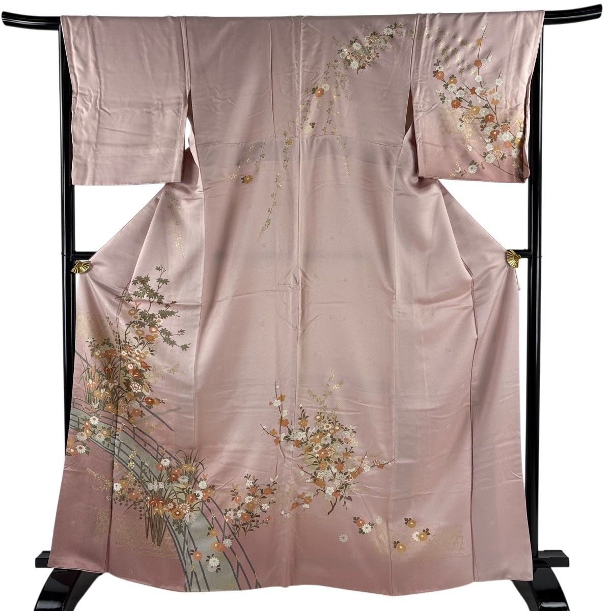 訪問着 身丈165.5cm 裄丈66cm M 袷 橋 草花 金彩 ぼかし ピンク 正絹 秀品 【中古】