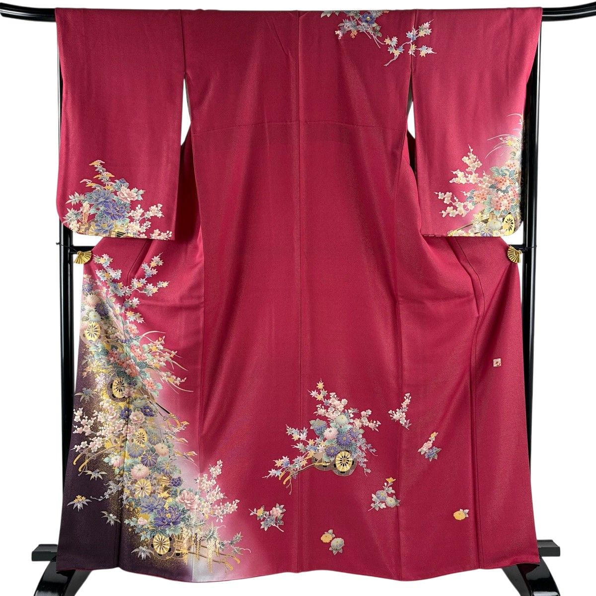 【美品】 訪問着 身丈163.5cm 裄丈67cm M 袷 花車 銀通し 金彩 濃ピンク 正絹 秀品 【中古】