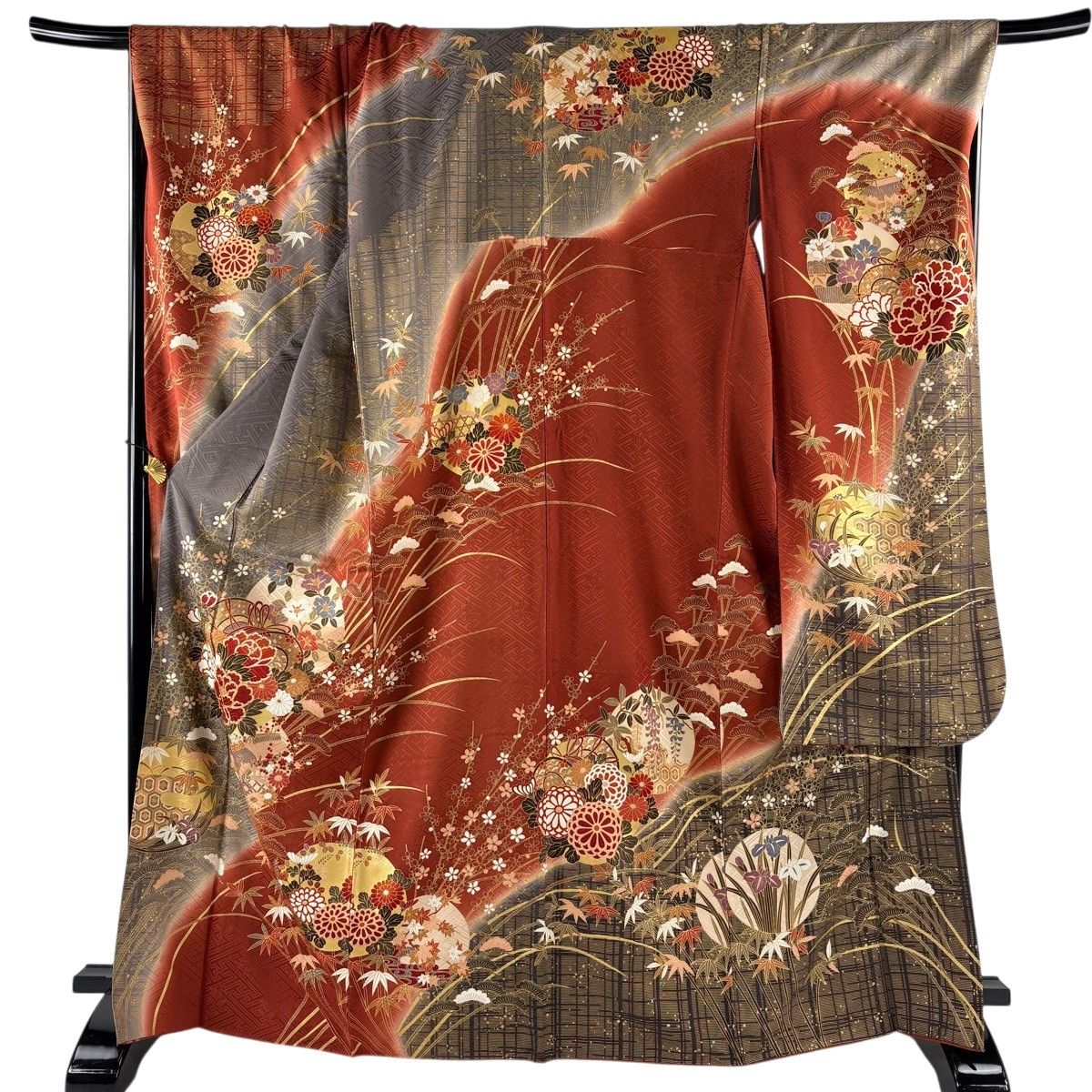 振袖 身丈166cm 裄丈68.5cm L 袷 鼓 草花 金糸 金彩 灰茶 正絹 秀品