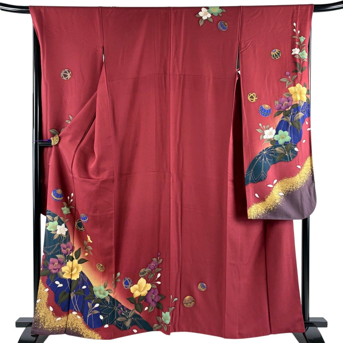 振袖 身丈162cm 裄丈67.5cm L 袷 手鞠 草花 箔 金彩 えんじ色 正絹 秀品 【中古】
