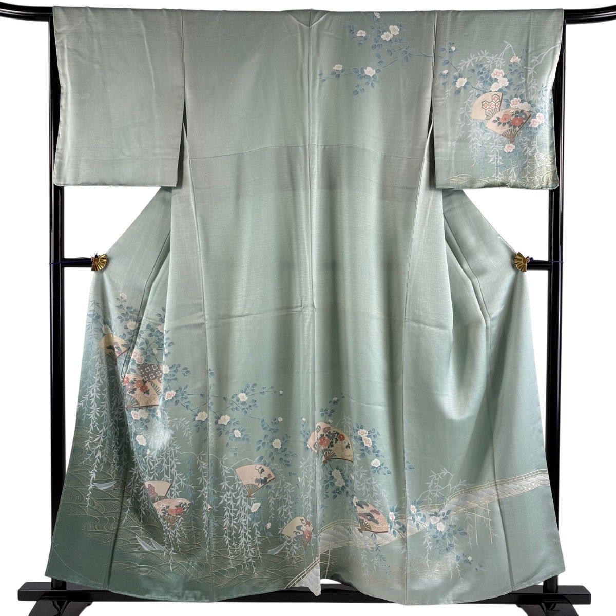 訪問着 身丈156cm 裄丈65.5cm M 袷 扇 椿 金彩 ぼかし 薄緑 正絹 秀品 【中古】