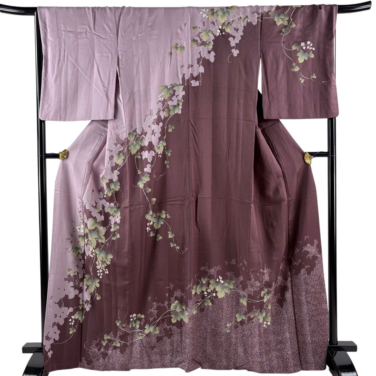 訪問着 身丈167cm 裄丈68cm L 袷 草花 シルエット 染分け 銀彩 灰紫 正絹 秀品 【中古】