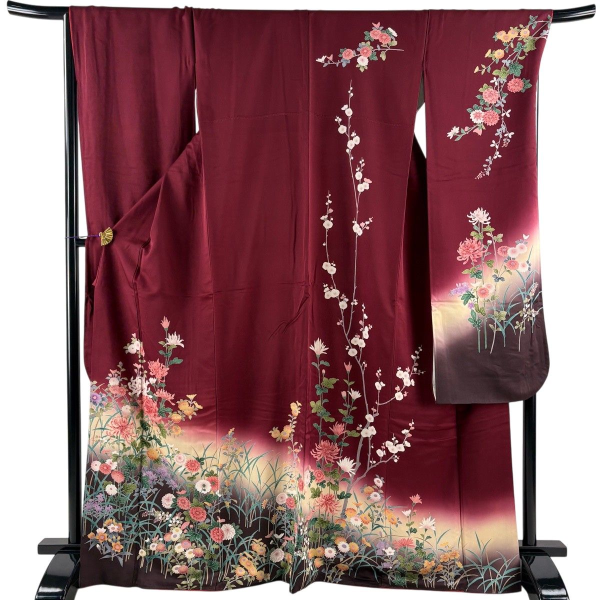 【美品】 振袖 身丈170cm 裄丈69.5cm L 袷 枝花 ぼかし 赤紫 正絹 秀品 【中古】