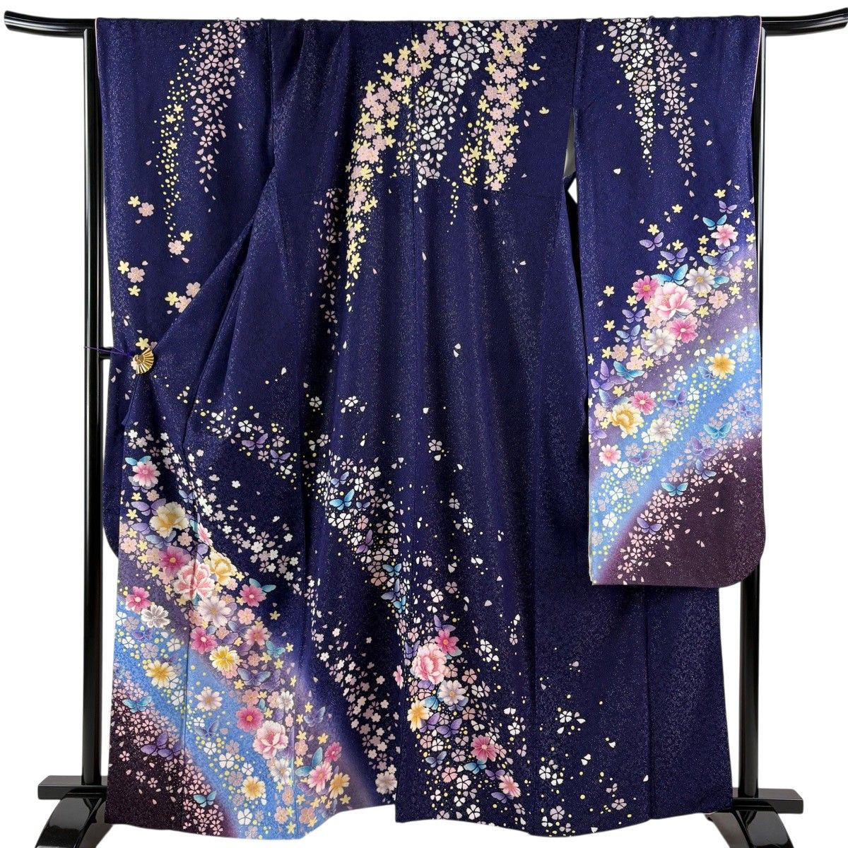 美品】 振袖 身丈162cm 裄丈68cm L 袷 草花 蝶 銀通し 刺繍 青紫 正絹
