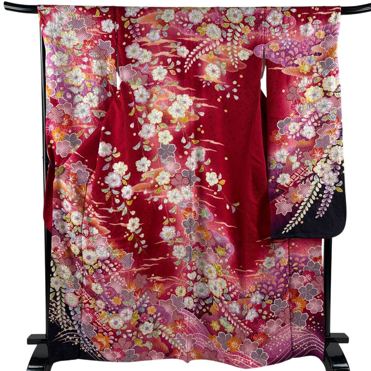 【美品】 振袖 身丈167cm 裄丈68cm L 袷 辻が花柄 霞 銀通し 絞り 赤 正絹 逸品 【中古】