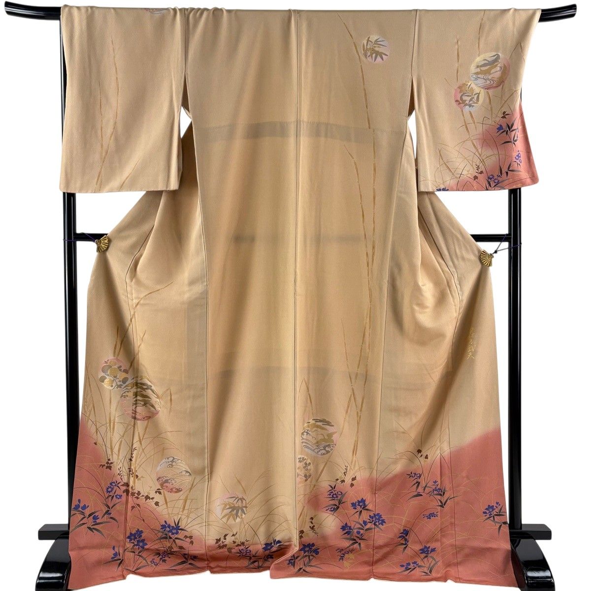 付下げ 身丈173.5cm 裄丈70cm L 袷 中村乃武夫 落款 鳥 草花 金彩 ぼかし 薄茶色 正絹 逸品 【中古】