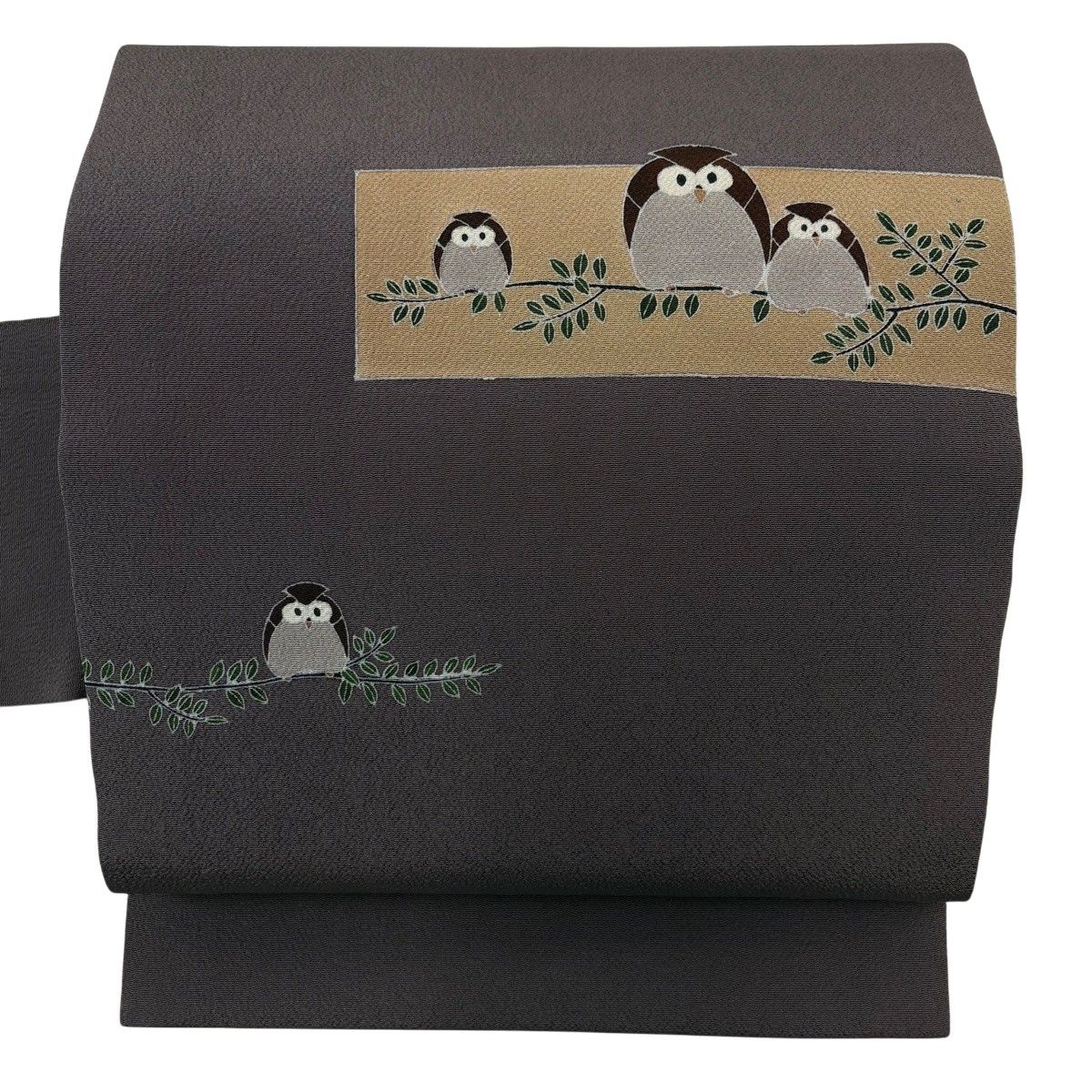【美品】 名古屋帯 逸品 ふくろう 枝葉 縮緬 茶紫 正絹 【中古】