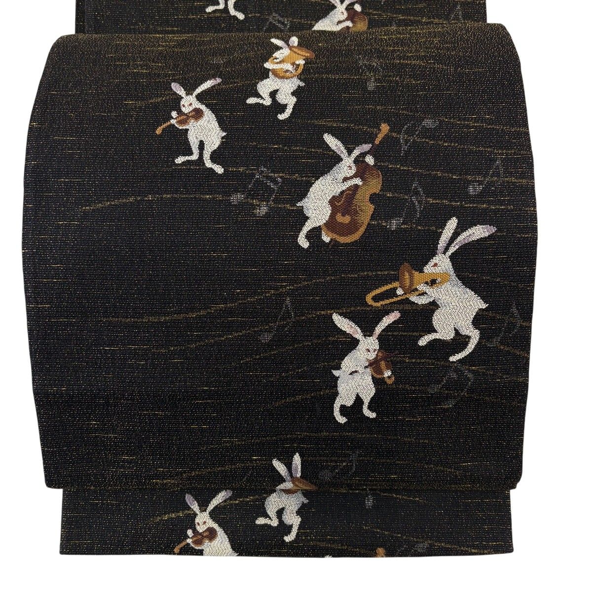 【美品】 袋帯 逸品 うさぎ 楽器 箔 黒 六通 正絹 【中古】