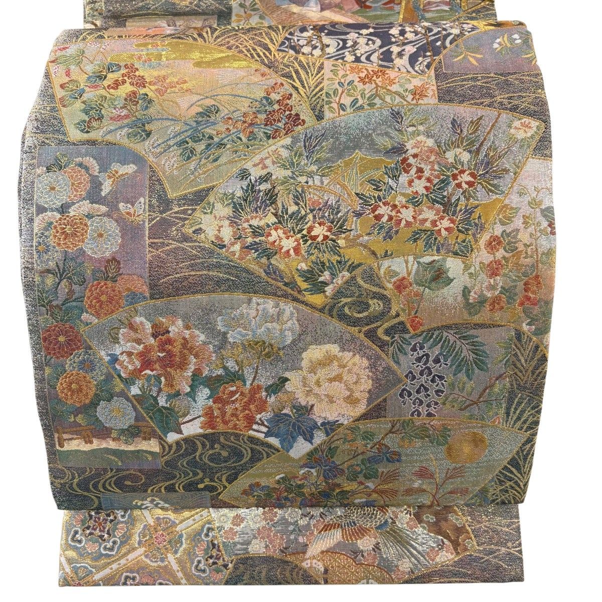 【美品】 丸帯 逸品 壱阡八百口織 伝承国宝図 プラチナ本金箔 青緑 お太鼓柄 正絹 【中古】
