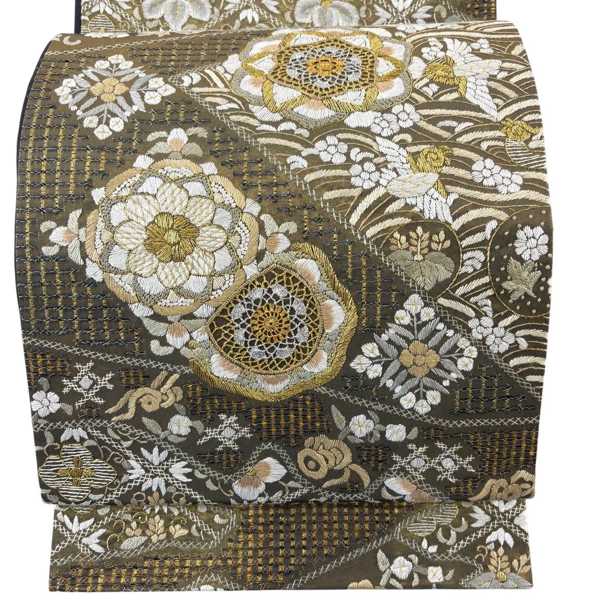 【美品】 袋帯 逸品 華文 鳥 刺繍 金銀糸 金色 六通 正絹 【中古】